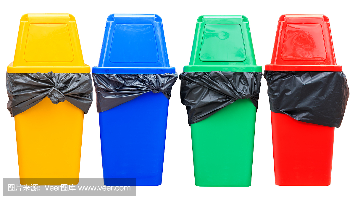 黃色,藍(lán)色,綠色和紅色的回收站在白色。